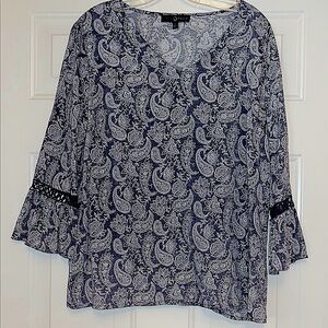 Fred David Paisley V-Neck Top L Chambray Blue Bell LS Lightweight Denim